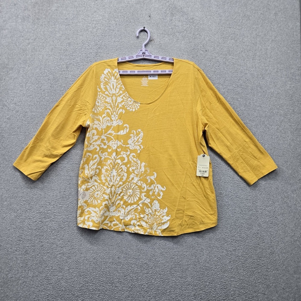 St John's Bay Women Shirt XL‎ Yellow Floral Graphic Print Studded Scoop Neck NWT